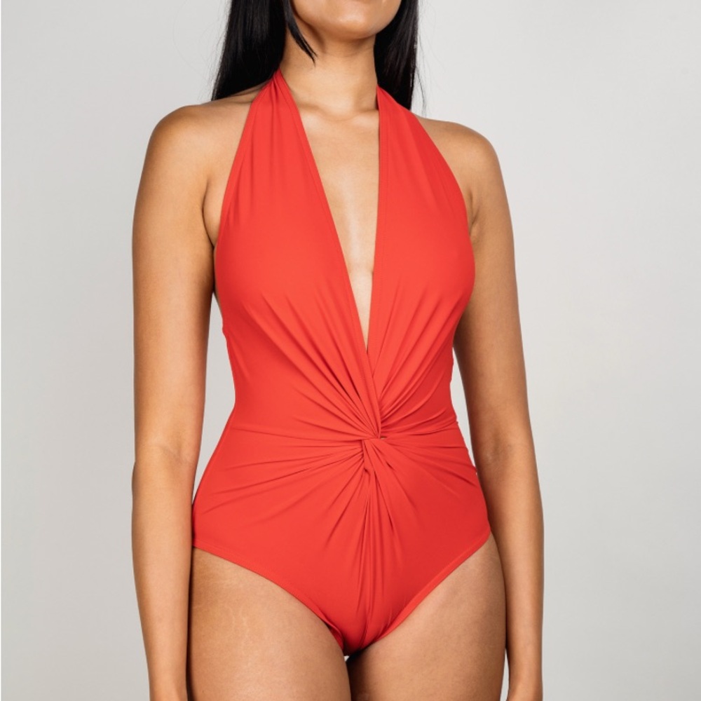 Karla Colletto -Elegant Taupe Deep Plunge Halter Tie Swimsuit - New